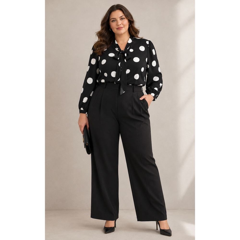Eloquii Black White Polka Dot Bow Neck Blouse Womens Plus Size 18